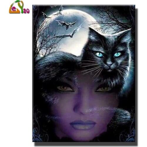 5D DIY Full Round Drill Diamond Painting Moon Black Cat Paintings Cartoon Mosaic Beadwork Mosaic Kit Rhinestone Drawing Art