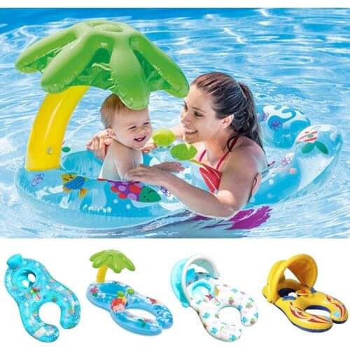 Mother Baby Double Swimming Float Ring Kids Children Inflatable Swim Circle With Sunshade Float Seat Swimming Sunshade Rings Toy