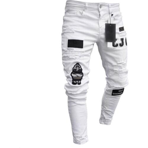 2020 Jeans Men Ripped Patched Badge Painted Jeans Straight Slim Fit Hip Hop Casual Denim Jean For Man Broken Holes Boys