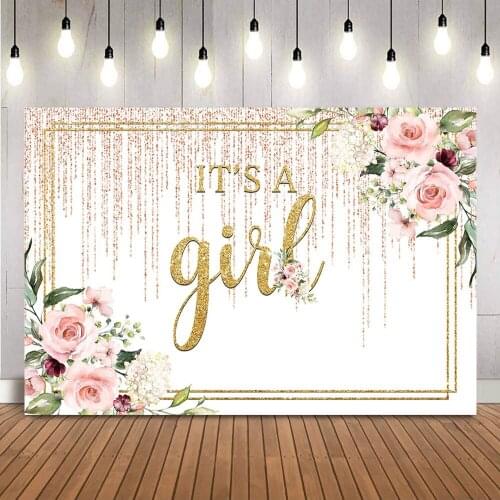 Its a Girl Backdrop Gold Baby Shower Watercolor flowers Birthday Background for Picture Photoshoot Pink Floral Gender Reveal