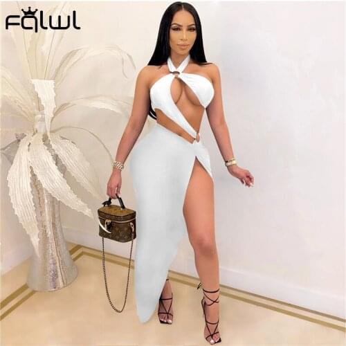 FQLWL Summer Bodycon White Black 2 Two Piece Set Women Skirt Halter Backless Hollow Out Bodysuit Maxi Side Slit Skirts Sets 2021