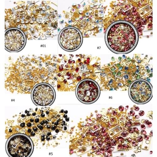 1 Box Mixed Studs Nail Crystal Beads Rhinestone 7Types Metal Rivet Jewelry Gems Decoration Nail Art Accessories,Squar moon BE09