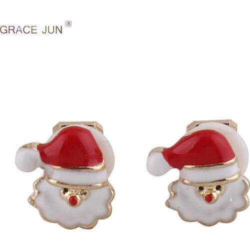 GRACE JUN New Fashion Cute Small Santa Claus Clip on Earrings No Pierced for Kids Hot Sale Xmas Cushion Earrings Wholesale 2018