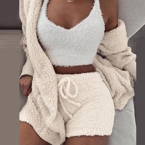 3Pcs/Sets Fluffy Plush Warm Hood Cardigan Coat Shorts Crop Top Women Tracksuit Outfit Casual Sports Sweatshirts For Womem