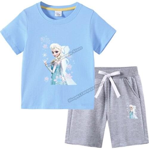 Disney Frozen Elsa Children Clothing Set Summer T-Shirt +Pant 2pcs Sport Suit Short Sleeve Toddler Baby Suit Kids Casual Clothes