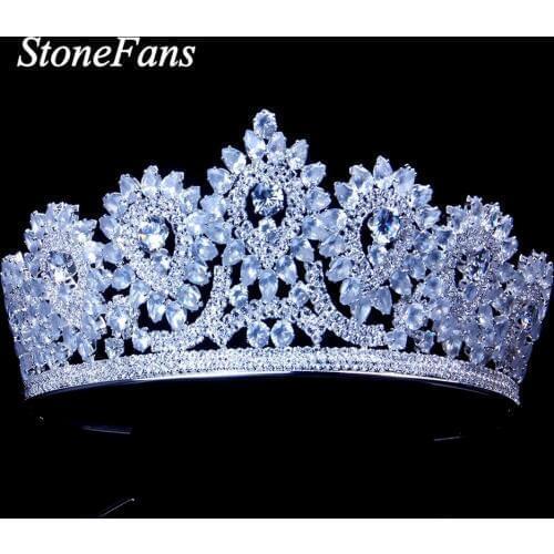 Stonefans Princess Bride Zircon Crown Wedding Tiara for Women Crystal Big Crown Queen Dance Party Hair Jewelry Christmas Gift