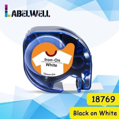 Labelwell 1pcs 18769 Fabric Iron On Label 12mm Fabric Tapes Black on White compatible for Dymo LetraTag LT-100H LT-100T printer