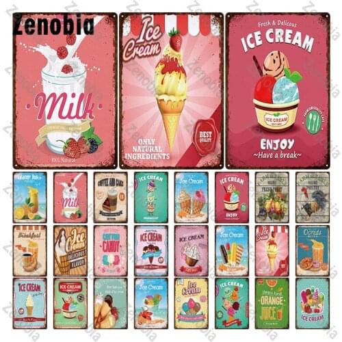 Metal Sign Wall Decor Fresh Delicious Ice Cream Retro Plaque Juice Metal Poster Tin Sign Cafe Pub Wall Stickers Vintage Poster