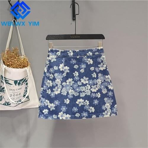 Fashion Floral Print Denim Skirt Women Spring Autumn High Waist Mini Jeans Skirt Female Casual A-Line Package Hip Short Skirts