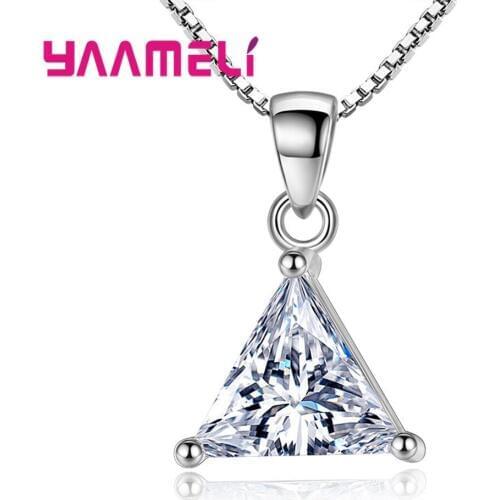 Fashionable 925 Sterling Silver Clear Triangle Zircon Crystal Pendant Necklace Jewelry for Women Wedding Party Decorstaion
