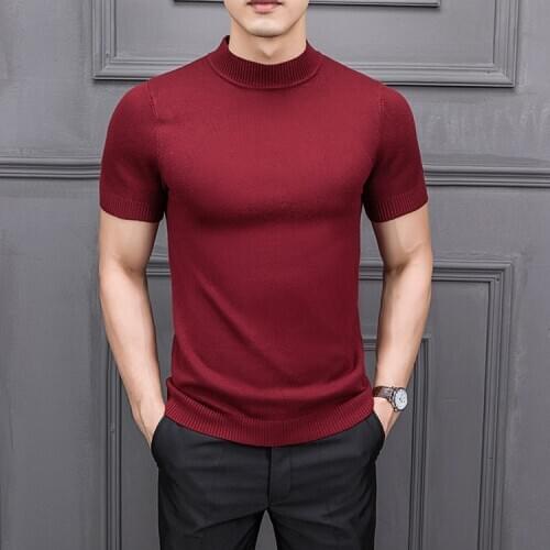 MRMT 2021 Brand New Autumn Mens T Shirtpure Color Semi-high Collar Knitting for Male Half-sleeved Sweater Tops