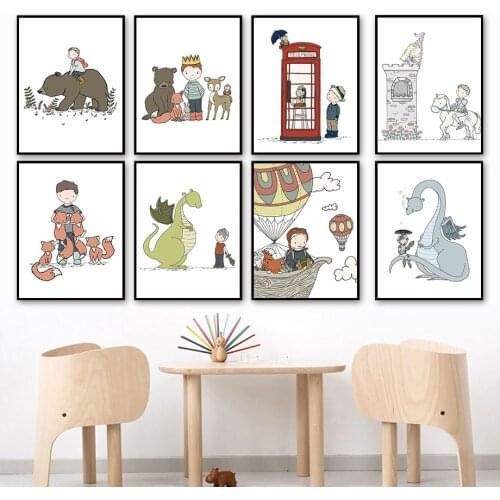 Cartoon Dinosaur Knight Princess Bear Deer Fox Wall Art Canvas Painting Nordic Posters And Prints Wall Pictures Child Room Decor