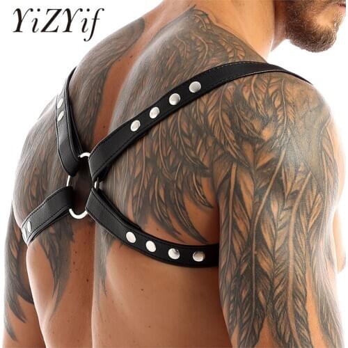 Men Lingerie Faux Leather Adjustable Body Chest Harness Costume with Press Buttons Sexy Shoulder Harness Straps Clubwear Gay