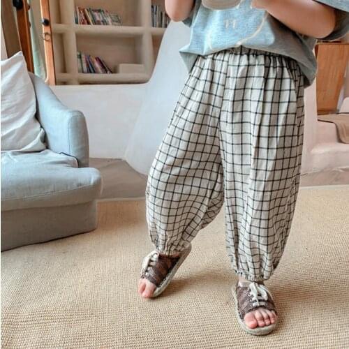 2021 new girls boys plaid long pants cotton summer cool kids pants