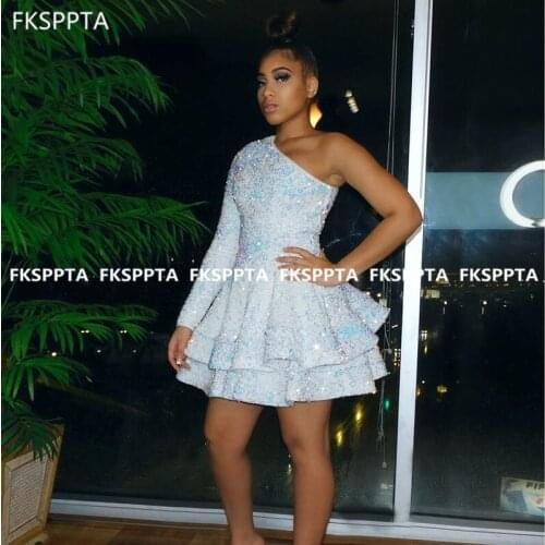New Short Prom Dresses Sparkly Tiered Sequin Sexy Black Girls Wedding Party Dress 2021 Long Sleeve Prom Gowns Plus Size