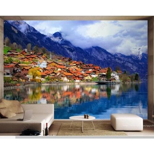 Papel de parede Swiss Alps mountain lake scenery natural landscape 3d wallpaper,living room tv wall bedroom home decor