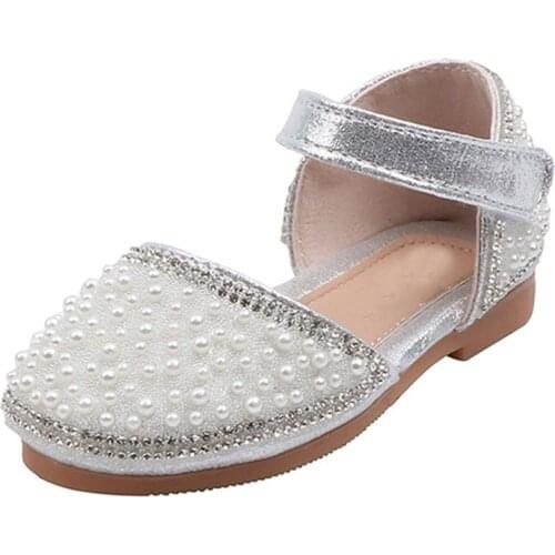 ULKNN Girls' Princess Shoes 2021 Spring New Fashion Soft-soled Childrens Flats Little Baby Pearl Peasy Shoes Silver