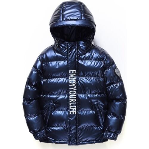 130-180 Boys Parkas Winter Coat Bright Thick Hooded Warm Padded Jackets Black Cotton Jackets Dark Blue Silver High Quality