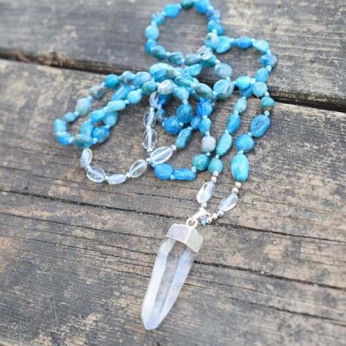 Clear Quartz Gold/Silver Pendant Blue Apatite Stone Nuggets Beads Knot Handmade Necklace