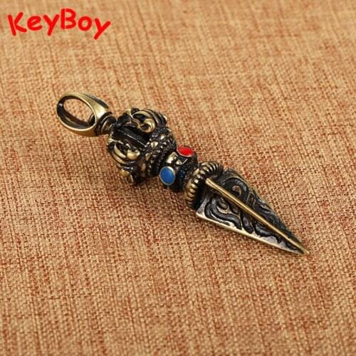 Retro Brass Vajry Pestle Colorful Beads Key Chain Pendant Jewelry Tibetan Buddhism Tool Keychain Necklace Hanging Lucky Charms