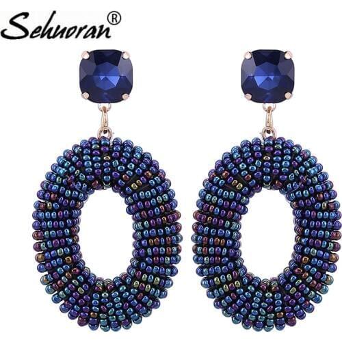 Sehuoran High Quality Glass Beads Handmade Drop Earrings For Woman Big Earrings Pendients Crystal Stone Long Earrings Oorbellen