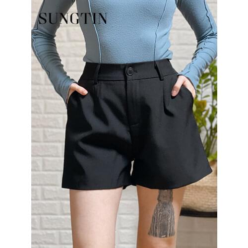 Sungtin Office Lady High Waist Shorts Women Wide Leg Short Pants Korean Fashion Summer Shorts Black Elegant Woman Clothes 2021