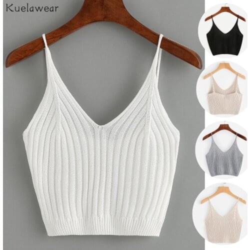 Kuelawear Suspender Knitted Vest Womens Solid Color Slim Tops Summer Fashion Ladies Sleeveless Short Tank Top V-neck Halter Tops