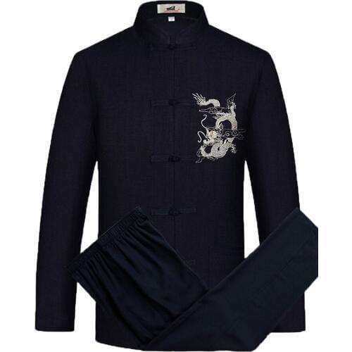 Chinese Traditional Tang Suits KungFu Garment Cotton Linen Jacket Long Sleeves Shirt with Pant for Men