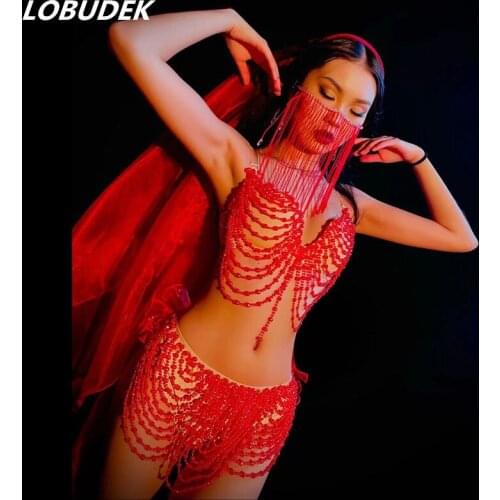 Adult Women Nightclub Bar DJ Pole Dancing Costume Red Beading Bikini Outfits Sexy Club Party Rave Show Clothes Dancer Stage Wear