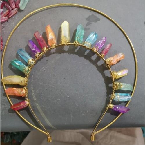 Jewelry Headdress Double Crystal Crown Headband Rainbow Raw Crystal Crown Wicca Accessories Party Shooting Props Decoration Gift