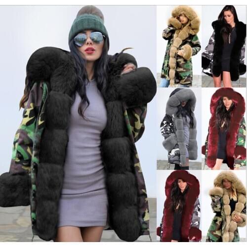 Womens Parka Jacket Warm Long Hooded Camouflage Coat Solid color Winter Plush fur Collars overcoat