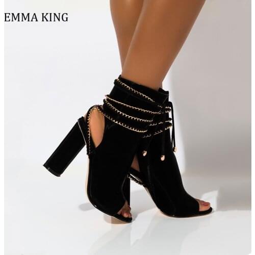 2020 Fashion Women Shoes Black Open Toe Denim Bootas Sandals Wrap Around Lace Cords Women Sandals For Summer 10cm Chunky Heels