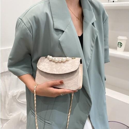 2021 Women Luxury Handbags Designer Lace Mini Shoulder Bags Elegant Pearl Decor Crossbody Bags Square Chain Fashion Purse Bags