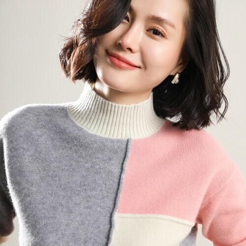 Hot Sale Patchwork Sweaters Women 100% Pure Wool Knitting Jumpers 5Colors Long Sleeve Turtleneck Pullovers Laides Clothes