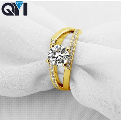 QYI 14K Solid Yellow Gold Split Band Wedding Engagement Rings Women Round Cut Sona Simulated Diamond ring