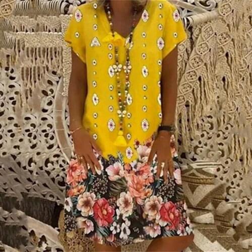 2021 Summer Dress Ladies Retro Summer Short-sleeved V-neck Floral Loose Dress Ladies Clothing Printed Short-sleeved Dress New