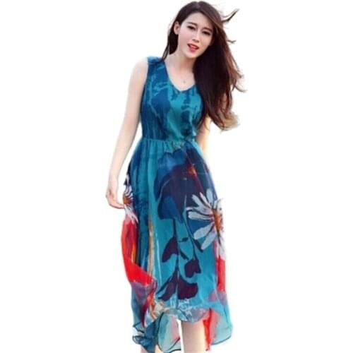 Women summer dress plus size 3xl sleeveless chiffon floral printed blue dress