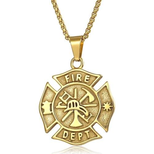 Gold Color Pendant Necklace For Men Stainless Steel United States Fire Dept Commemorative Collectible Gift Box Link Chain LKP642