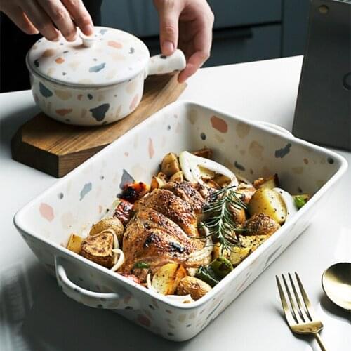 1.2/2L Ceramic Bake Plate and Bowl with Handle Kitchen Oven Bakeware Dish Used for Microwave dishwasher Dinnerware Tableware