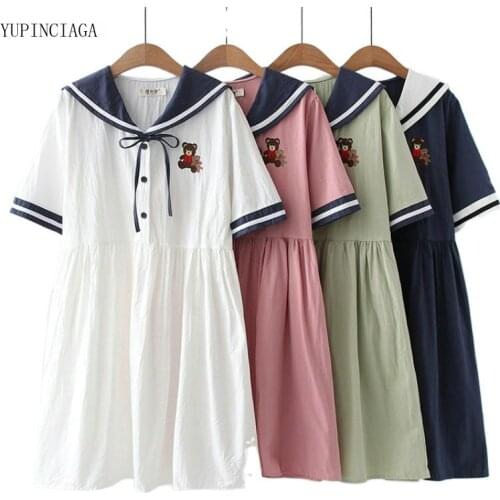 2021 Summer Cotton Dress Women Striped Color-Blocking Sleeves Patch Bear Dress Preppy Style Short Sleeved V-neck Dresses 2116535