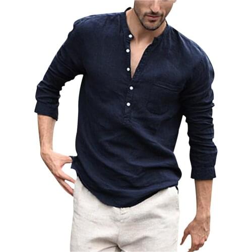 65# Men Vintage Shirts Pure Color Button Linen Solid Long Sleeve Retro Shirts Tops Blouse Streetwear 2021 Summer Camisas Hombre