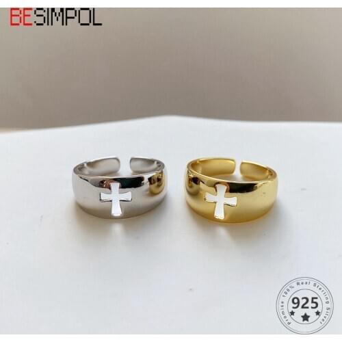Besimpol 100% Real 925 Sterling Silver Rings Simple Openwork Cross Adjustable Ring For Women Fashion Fine Jewelry Wedding Gifts