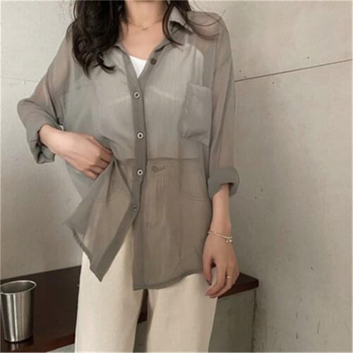 Korean Blusas Fashion 2021 Summer Shirts Loose See Through Thin Blouses Women Korean Chiffon Sun Protection Blouse Tops ZY5863