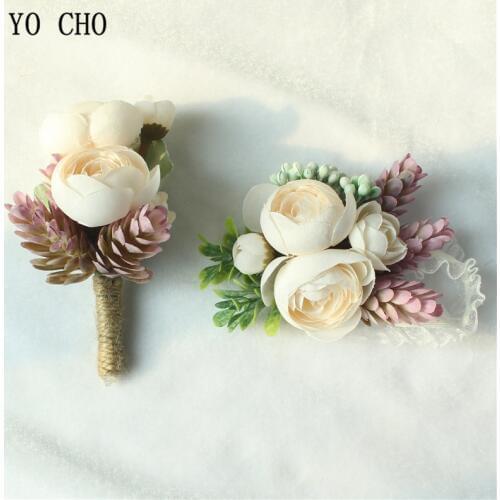 YO CHO Artificial Silk Sasanqua Flower Boutonniere Groom Corsage Bridal Wrist Corsage Rose Bracelet Pink Orange Wedding Supplies