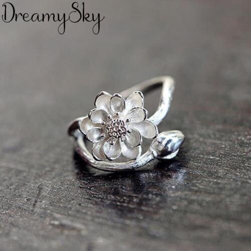 Luxury Jewelry Trendy Silver Color Antique Lotus Flower Rings For Women Ladies Large Adjustable Size Ring Joyas De Plata