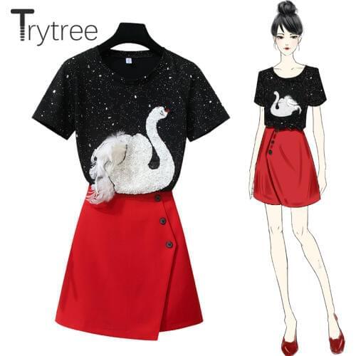 Trytree Summer Autumn Women top two piece set Casual tops + skirt Fashion Female Office Polyester Suit Set O-Neck 2 Piece Set