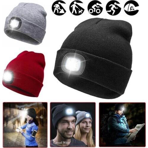 HOT SALES!!! Unisex Warm LED Light Battery Powered Beanie Hat Cap for Outdoor Hunting Camping Woolen Yarn Cap with flashlight