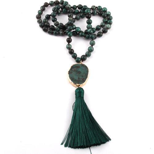 MOODPC Fashion Bohemian Jewelry 8mm Africa Stone Knotted Stone Link Tassel NecklaceFor Women Jewelry