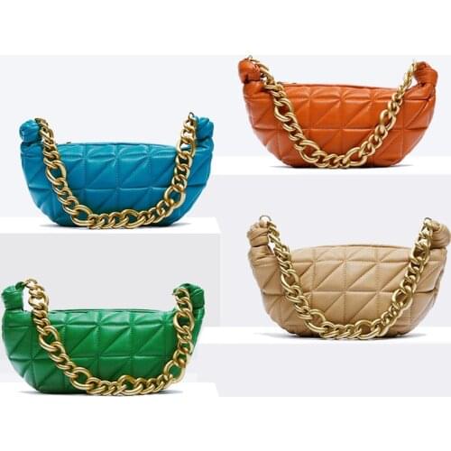 2021 New ZA Womens Fashion Bag Thick Metal Chain Stitching Thread Lingge One-shoulder Rhombus Handbags Hobo Orange Green