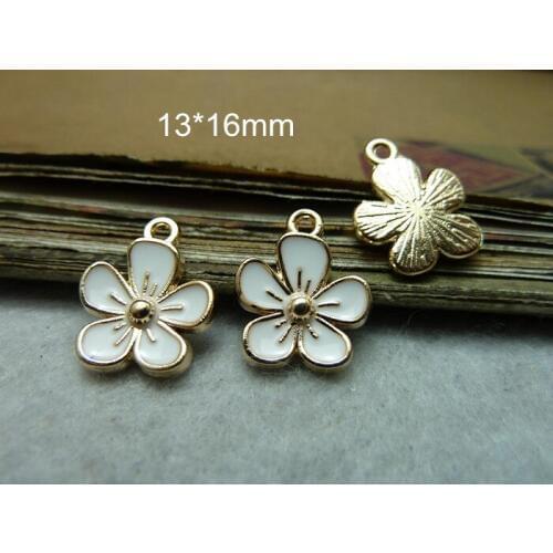 Free Shipping - 60 pcs WHITE Flower Charms Pendant 13*16mm Gold-color Flower With White Surface, DIY Jewelry Supplies